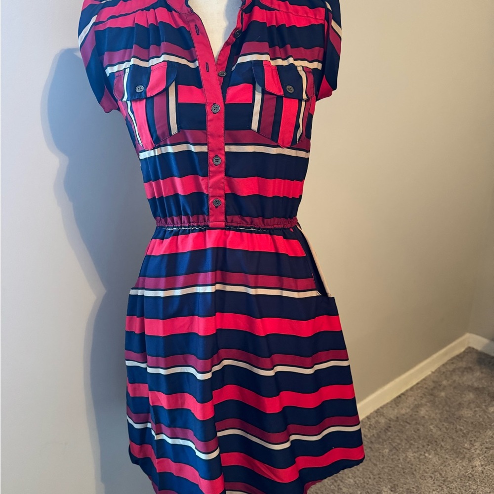 Striped Shirt Dress w/ POCKETS | Navy, Red, Burgundy & Cream| 100% polyester
